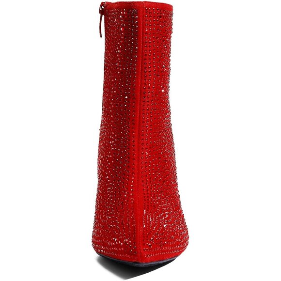 Dream Pairs Women Red-rhinestone Pointed Toe Fur Lining Block Heel Ankle Booties - Picture 3 of 7